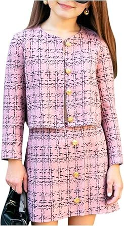 WDIRARA Girl's 2 Piece Outfits Plaid Half Sleeve Jacket and Ruffle Mini Skirt Set