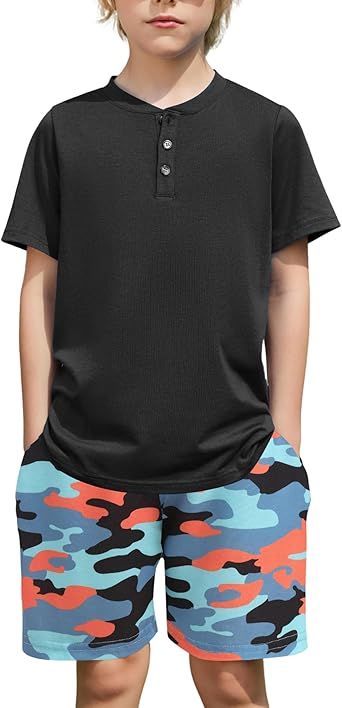 Arshiner Boys Summer Clothing Sets 3-button Short Sleeve Tee and Shorts Casual Outfits for 5-12 Years