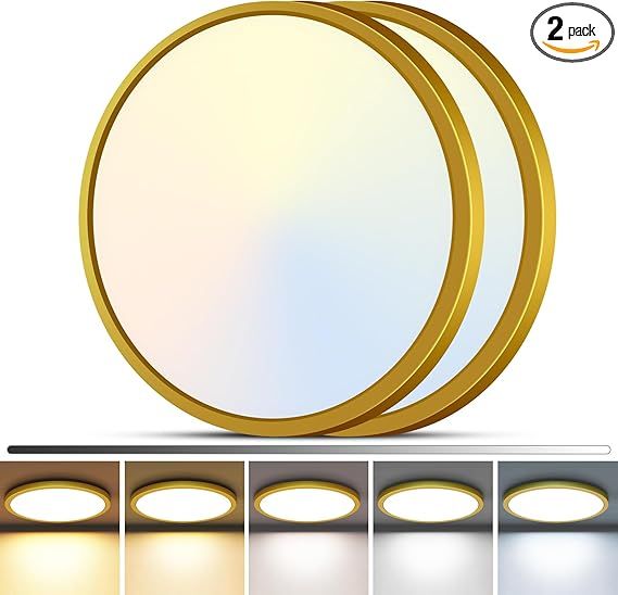 zemty 2Pack LED Flush Mount Ceiling Light, 12Inch 24W Dimmable Ceiling Lights Fixture, 5 Color Temperatures (3000K-6500K) Gold Round Ceiling Lamp for Bedroom, Kitchen, Hallway,Bathroom