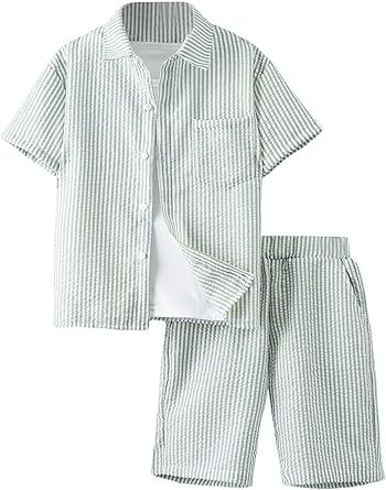 Boy's 2 Piece Beach Vacation Textured Linen Outfit Short Sleeve Button Down Shirt Top and Shorts Summer Set