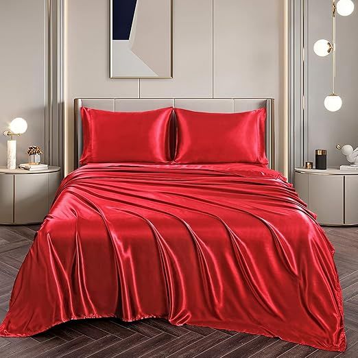 Twin XL Size 4-Piece Sheet Set Premium 30 Momme Mulberry Silk Bed Sheets Set Fits 23-26" Deep Pocket (Solid, Red)