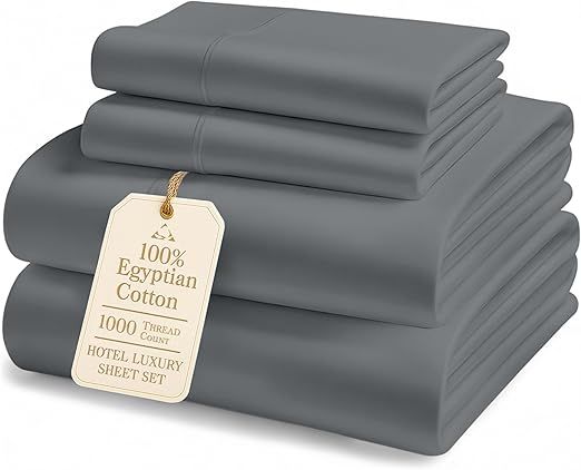 100% Egyptian Cotton Sheets Queen Size Bed Set – 1000 Thread Count Cooling & Breathable Sateen Queen Sheets Set, Authentic Long-Staple Cotton for Lasting Softness, Snug Fit 15" Deep Pocket - Charcoal