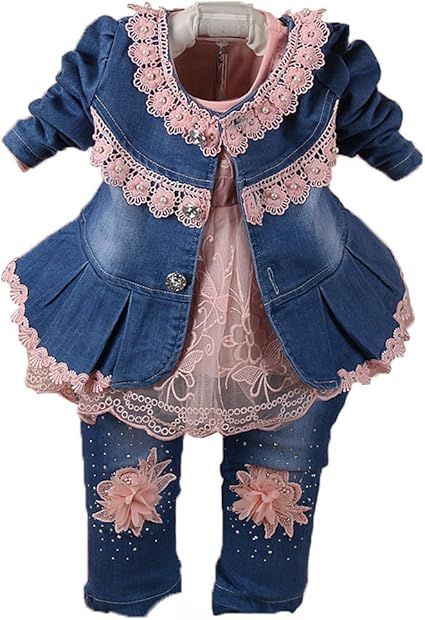 Yao 6M-4Y Infant 3Pcs Baby Girls Clothes Set Toddler Casual Outfits Lace Dress Jacket and Jeans