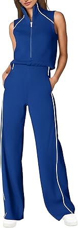 SENSERISE Womens Summer Jumpsuits Dressy Casual Sleeveless Mock Neck Top Wide Leg Pants Romper with Pockets