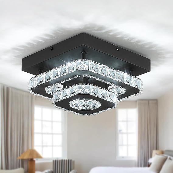 Small Black Square Crystal Chandelier Flush Mount Ceiling Light, 9.8” Surface Mount LED Fixture with Built-in Light, Modern Ceiling Light for Living Room, Dining Room, Bedroom 6000K