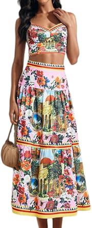 ksotutm Womens 2 Piece Skirt Sets Floral Summer Outfits Halter Tops High Wasit Maxi Skirt Sexy Lounge Sets for Vacation