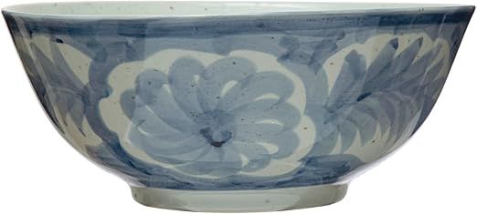 Hand Painted Stoneware Bowl with Floral Design, Blue and White