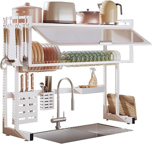 Over The Sink Dish Drainer Drying Rack, 3 Tier Dish Rack with Cover, Metal Over The Counter Dish Drying Rack for Dishes, Glasses, Bowls and Cutlery(75x30x80cm)