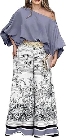 CHICME Women Summer 2 Piece Outfits Off Shoulder Lantern Sleeve Top Flowy Wide Leg Pants Set