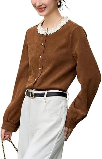 Women's Vintage French Spliced Lace Blouse Elegant Round Neck Long Sleeve Corduroy Shirts