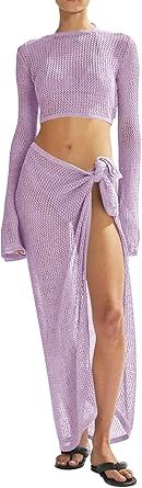 Women's Swimsuits Cover Ups Set for Crochet Bathing Suit Hollow Out 2 Piece Bikini Coverup Beach Swimwear