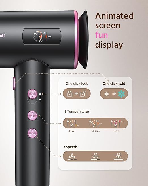 Hair Dryers for Women, 1800W Ionic Hair Dryer with 3 Smart Mode (Baby/Men/Women), High Speed Brushless Motor for Fast Drying (2-5 Mins), Lightweight Hair Dryer, for Home & Travel(Pink)
