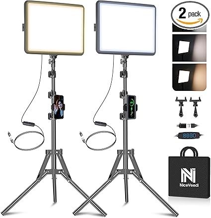 2-Pack LED Video Light Kit, NiceVeedi Studio Light, 2800-6500K Dimmable Photography Lighting Kit with Tripod Stand&Phone Holder, 73" Stream Light for Video Recording, Game Streaming, YouTube