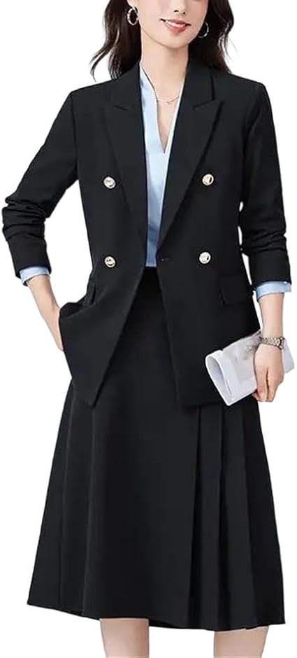 Business Professional Women's Long-Sleeve Double-Breasted Blazer and High-Waisted Pleated Midi Skirt Set