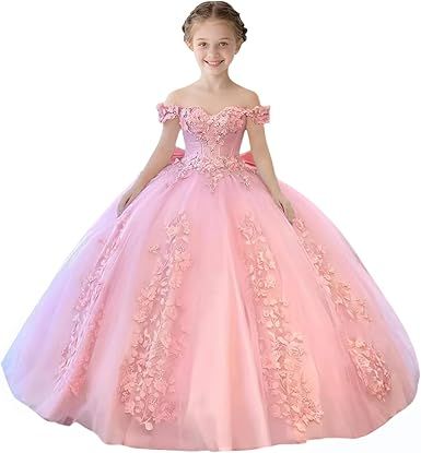 Lace Beaded Flower Girl Dresses for Wedding Off Shoulder Gilrs Pageant Dress Tulle Toddler Ball Gowns with Big Bow