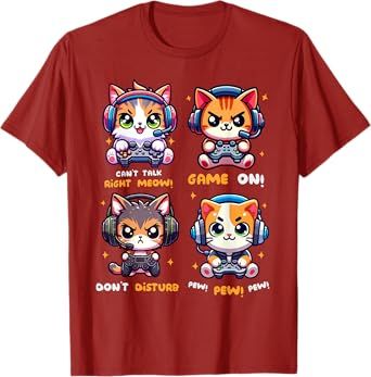 Gamer Cat Funny Gaming Video Games Pew Boys Girls Kids Teens T-Shirt