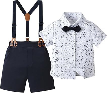 Boarnseorl Baby Boys Gentleman Outfits Shorts Sets,Infant Shirt + Shorts + Bow Tie + Suspenders