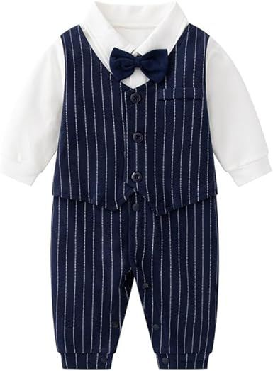 Newborn Baby Boy Gentleman Romper Tuxedo One-Piece Outfit with Bow Tie, 100% Cotton Long Sleeve Formal Wear