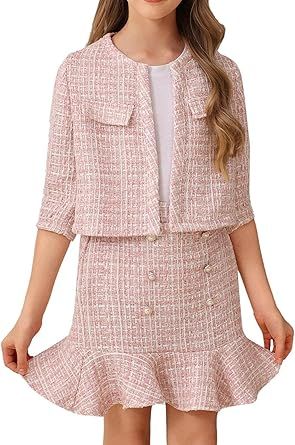 WDIRARA Girl's 2 Piece Outfits Plaid Half Sleeve Jacket and Ruffle Mini Skirt Set