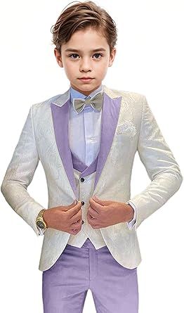 Boys Tuxedo Suit Jacquard Slim Fit 3 Piece Kids Tuxedo Suits for Boys Formal Wedding Suit Blazer Vest Pants