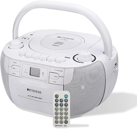 Retekess TR621 CD and Cassette Player Combo, Boombox CD Player for Home, AM/FM, Tape Recording, TF/USB Drive, AC or D Battery Powered, Headphone Jack, Stereo Sound (White)