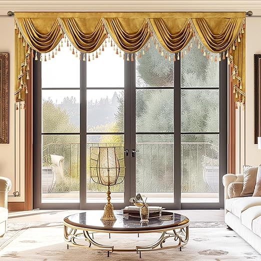 VOGOL 138" Extra Wide Gold Velvet Waterfall Valance, Luxury Swag Curtains for Sliding Glass Doors Large Windows, Room Darkening Victorian Window Topper, 1 Panel