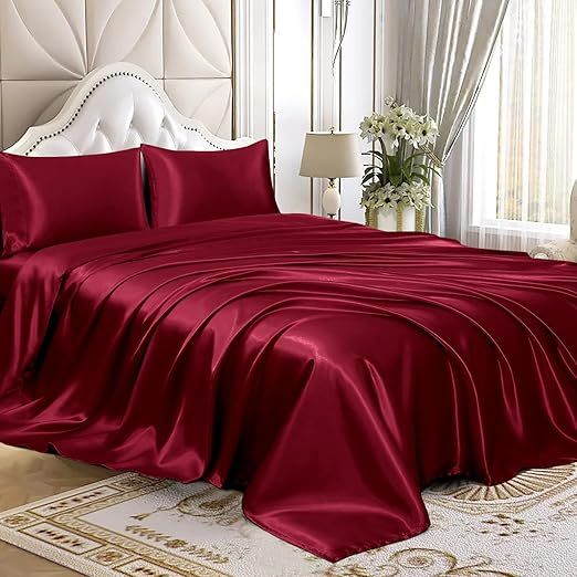 Twin XL Size 4-Piece Sheet Set Premium 30 Momme Mulberry Silk Bed Sheets Set Fits 23-26" Deep Pocket (Solid, Black)