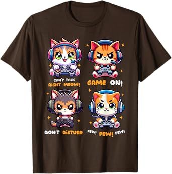 Gamer Cat Funny Gaming Video Games Pew Boys Girls Kids Teens T-Shirt