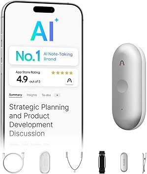 Plaud NotePin S AI Voice Recorder, Wearable AI Notetaker, AI Transcribe & Summarize, Support 112 Languages, 64GB Memory, Audio Recorder for Meetings Interviews with 4 Accessories, Silver