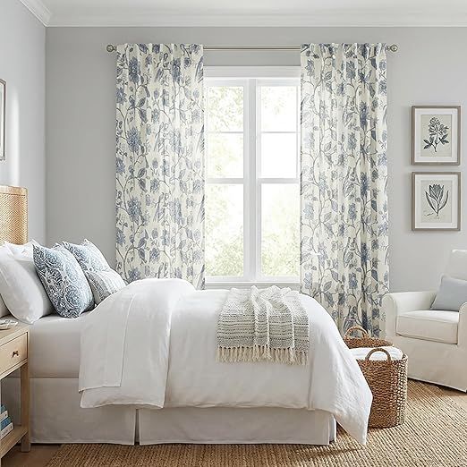 Dusty Blue Curtains 96 Inch Long 2 Panel Set,Slate Blue Grey Floral Patterned Semi Blackout Pastel Curtains for Bedroom Living Room