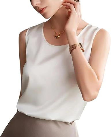 Women's Silk Blouse Summer O Neck Sleeveless Lightweight Soft High Street Style Casual Tank Tops