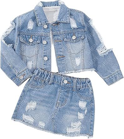 WDIRARA Girl's 2 Piece Outfit Ripped Button Front Long Sleeve Denim Jackets and Mini Skirts Set