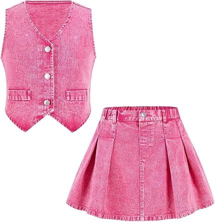 MakeMeChic Girl's Y2K Two Piece Cute Outfits Denim Jeans Sleeveless Button Down Vest and Pleated Mini Skirt Set 8-12 Years