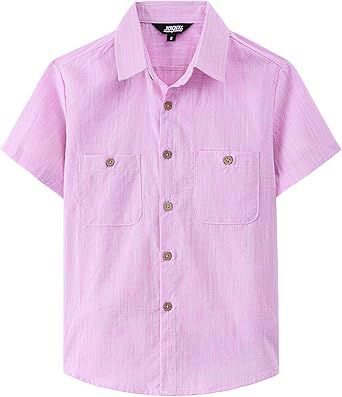 JOGAL Boys Chambray Shirts Short Sleeve Button Down Casual Cotton Woven Shirt with Two Pockets for Kids 6-14 Years
