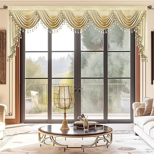 VOGOL Velvet Waterfall Swag Valance, Retro Luxury Curtain Topper with Tassel Trim, Decorative Window Treatment for Farmhouse or Dining Room, W138 Inches, 1 Panel, Champagne