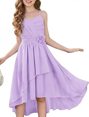 GRACE KARIN Girls Chiffon Summer Dresses Teen Long Party Formal Dress Flower Bridesmaid Straps Shirred High Low Clothes 6-14