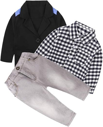MYGBCPJS 3Pcs Boy Handsome Outfit Set Plaid Shirt + T-Shirt + Suspender Jean Sets