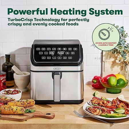 bella 8 Qt Digital Air Fryer with TurboCrisp Technology, Large Family Size Nonstick Cooking Basket and Crisping Tray, Multiple Preset Functions, Auto Shutoff, Silver, 1750 Watt
