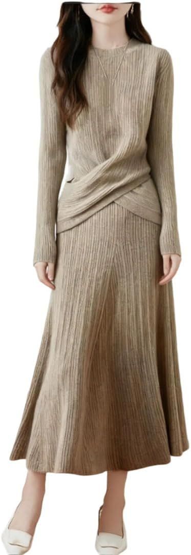 Niiyyjj Women's Fall Two-Piece Knitted Suit Solid Wool Long Sleeve Sweater Umbrella Skirt Vintage Sweater Set
