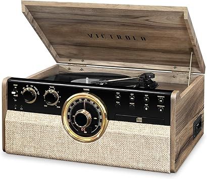 Victrola The Empire Mid-Century 6-in-1 Turntable & Multimedia Center with Built-in Speakers – 3 Speed, Bluetooth Connectivity, Radio, Cassette & CD Player, RCA Out, Headphone Jack (Farmhouse Walnut)