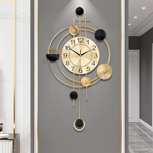 Wall Clock with Pendulum, Silent Quality Quartz Battery Operated, Round Analog Large Wall Clock for Living Room Kitchen Bathroom Bedroom Wall Home Decor, 15.4x28inch, Golden