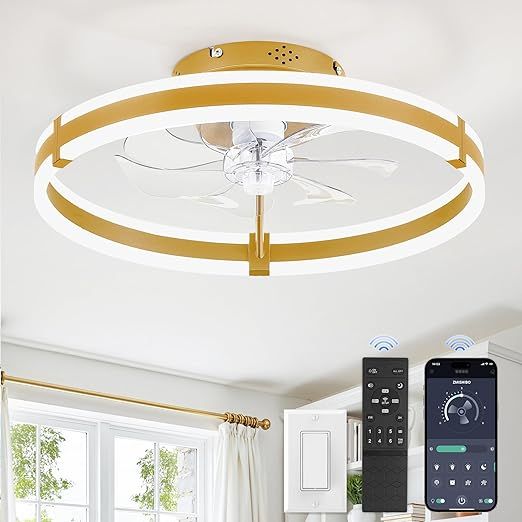 ZMISHIBO Ceiling Fans with Lights and Remote, 19.7'' Low Profile Ceiling Fan, 3000-6000K Dimmable Modern Flush Mount LED Fan Light, 6 Wind Speeds, Gold Fandelier Ceiling Fans for Bedroom