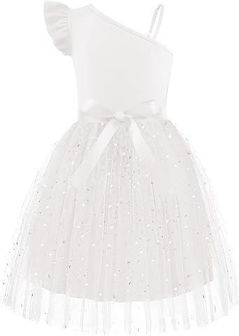 Arshiner Girls Dresses Summer One Shoulder Ruffle Sleeveless Formal Fancy Party Birthday Tulle Dress with Belted