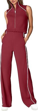 SENSERISE Womens Summer Jumpsuits Dressy Casual Sleeveless Mock Neck Top Wide Leg Pants Romper with Pockets