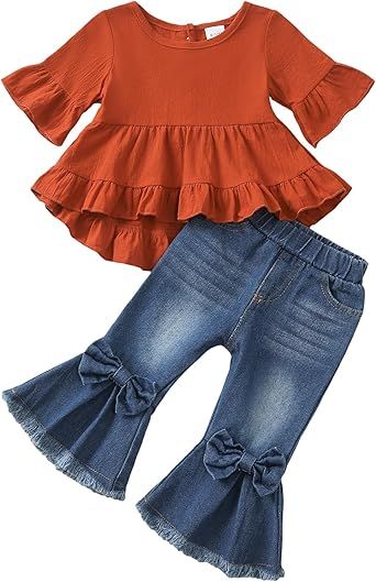 Kucnuzki Toddler Baby Girls Clothes Long Sleeve Shirt Top Flare Denim Jeans Cute Outfit Baby Girl Fall Winter Clothes