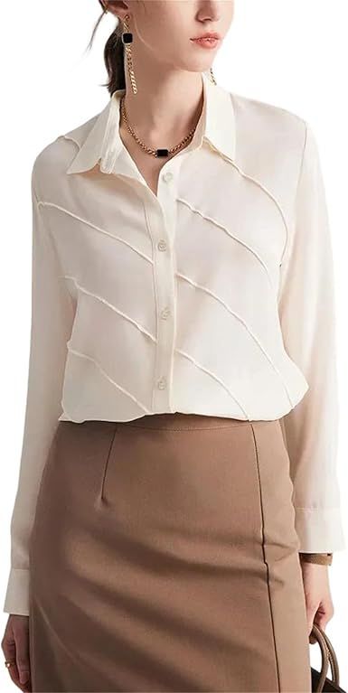 Women's Striped Silk Shirt Spring Summer Turn Down Collar Elegant Office Lady Long Sleeve Blouse Tops