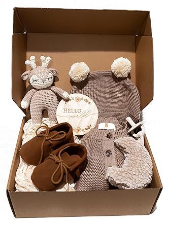 Baby Shower Gifts for Boys Girls - Baby Gift Basket for New Born, Unique Baby Boy Gifts & Baby Girl Gifts, Baby Essentials Gift Set Include Baby Blanket, Rattle, Onesie and Moccasins, Gender Neutral