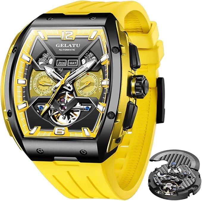 OLEVS GELATU Mens Watch Automatic Tourbillon Wristwatch Skeleton Mechanical Self Winding 50M Waterproof Sapphire Crystal Square Male Watches Yellow/White/Black/Green
