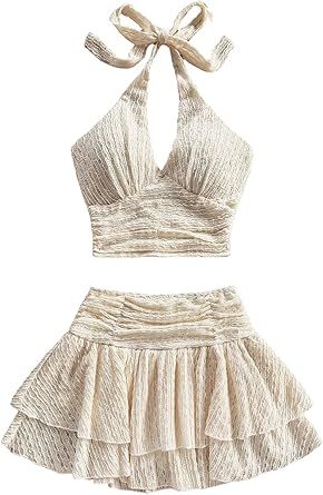 SOLY HUX Women's 2 Piece Beach Vacation Outfits Summer Ruched Halter Crop Top and Ruffle Mini Skirt Set