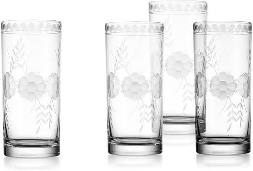 Godinger Highball Glasses, Cocktail Glasses, Drinking Glass, for Wine, Juice, Water and Liquor, Set of 4, Clear Belle Fleur Collection 14oz, Set of 4